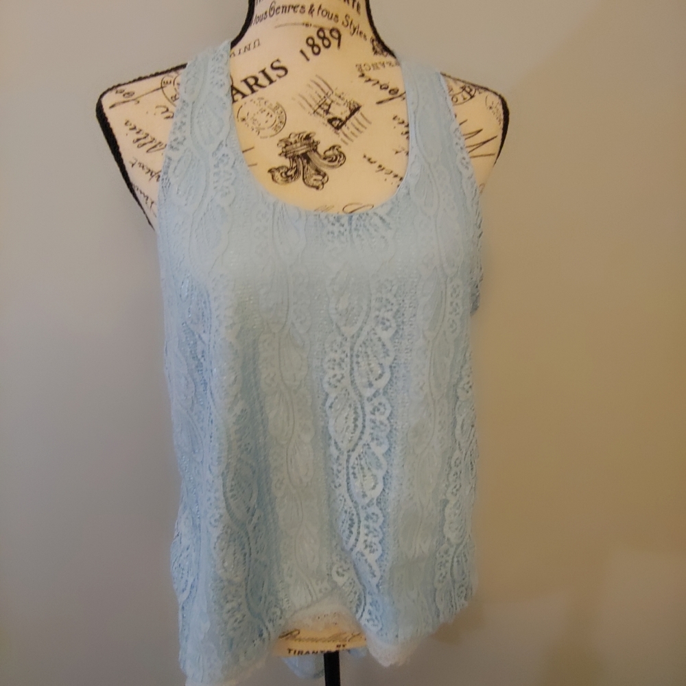 California Gypsy Baby Blue Lace High Low Blouse.